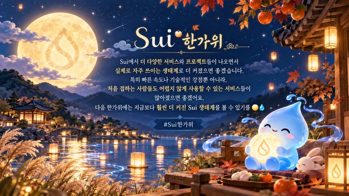 A promotional graphic for 'Sui 한가위' featuring a large moon, a traditional village scene, Korean text, and a blue water-drop character with an 'S' logo.