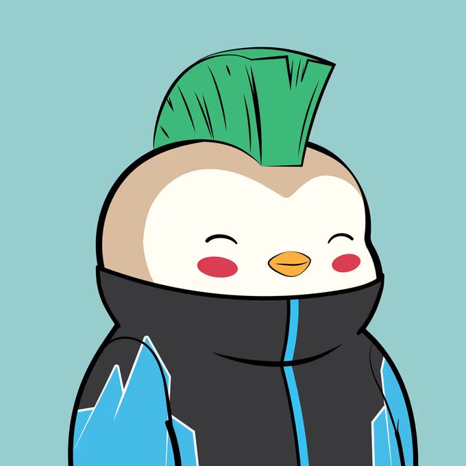 A cute cartoon penguin character with a green mohawk hairstyle, rosy cheeks, and a black winter jacket with blue accents is illustrated in a soft, smiling pose. The image visually represents the cheerful, mascot-like branding associated with the Pudgy Penguins NFT collection.