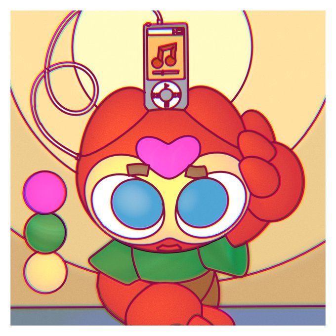 A colorful cartoon character with red hair, a heart on the forehead, large blue eyes, and a green bow, with a music player device displaying a music note on its head.