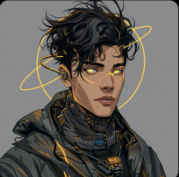 A detailed digital character illustration of a young man with dark curly hair, glowing yellow eyes, cybernetic facial markings, and an earpiece, wearing a futuristic gray and yellow jacket.