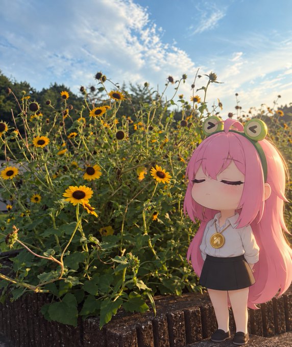 An anime-style chibi figure of a pink-haired girl with frog eye headbands, a white shirt with a gold medal, and a black skirt standing in a field of sunflowers under a blue sky.