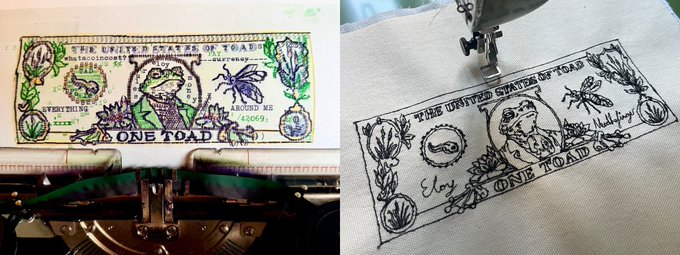 A side-by-side image showing the inspiration and execution of embroidery: the original colored 'Toad' US one-dollar bill artwork on the left, and its detailed thread-painted recreation on white fabric on the right, being worked on by a sewing machine.