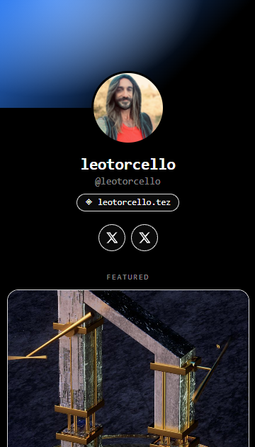 Profile page for 'leotorcello' (@leotorcello) displaying a link to leotorcello.tez, X/Twitter handles, and a featured 3D architectural rendering below.