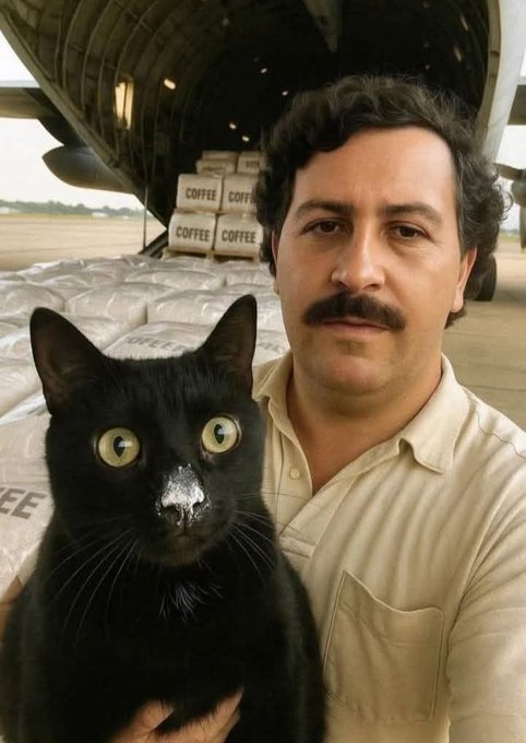 A smiling man with a mustache holds a black cat in front of an open cargo plane filled with white sacks labeled "COFFEE," seemingly depicting the $EMPLOYIM product being unloaded and ready for distribution to eager buyers looking for the next sub-100k mcap gem.
