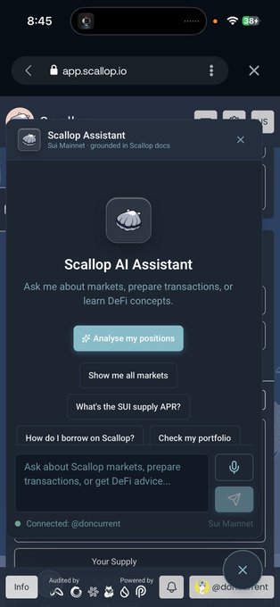 A mobile screenshot of the Scallop Assistant on app.scallop.io, featuring a chat interface labeled "Scallop AI Assistant" with prompt buttons like "Analyse my positions," "Show me all markets," and "What's the SUI supply APR?", connected to Sui Mainnet. The image showcases the new AI-powered assistant the post is promoting for exploring DeFi markets and yield opportunities on Scallop.