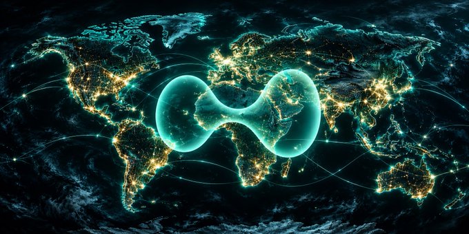 A stylized digital artwork of Earth at night with glowing city lights, overlaid with a glowing blue infinity symbol and connecting network lines representing global connectivity.