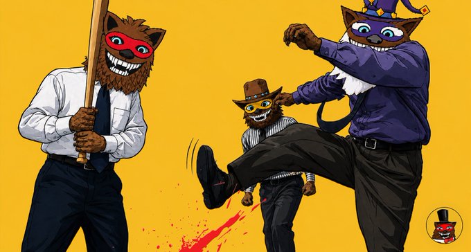 An illustration features three anthropomorphic bears in business attire—one holding a bat, another kicking a third figure with blood splattering—visually enacting the violent 'resurrection' referenced in the text '$BEAR'.