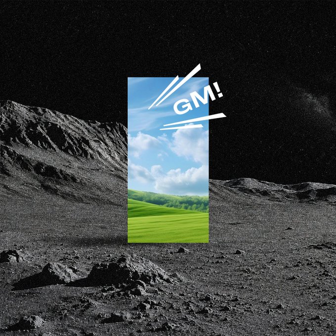 A grayscale lunar landscape with a vertical rectangular 'window' revealing a bright green field and blue sky, accompanied by the text 'GM!'.