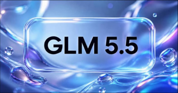 The image displays "GLM 5.5" on a glossy, glass-like tablet surrounded by water droplets against a flowing blue background, serving as an advertisement for Zai's new GLM 5.5 model—the context being a humorous plea to limit its size to avoid building costly datacenter infrastructure.
