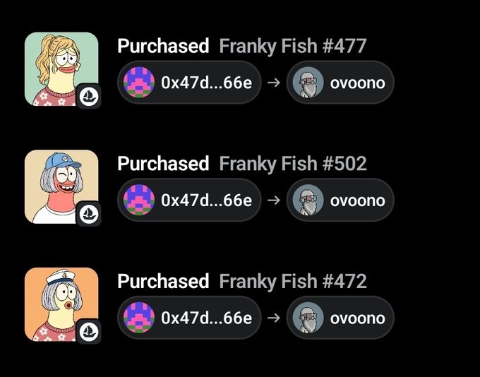 Three Franky Fish NFTs (#477, #502, and #472) were purchased from address 0x47d...66e by user "ovoono," reflecting the post's deja vu experience of receiving multiple WETH offers and acquiring more Franky Fish in a similar pattern to the previous day.
