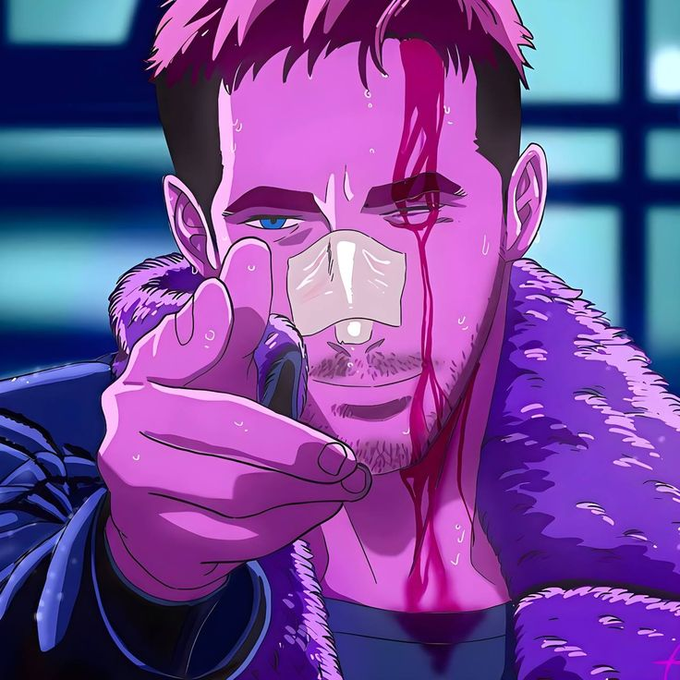 The image is a portrait of a man with pink hair wearing a fur coat and holding up his finger with an open cut on his forehead covered by gauze or a bandage. The background features a blue wall that contrasts with the colorful, graphic-style portrait. In the caption provided, it seems to be some sort of social media post about the artist's work or the subject matter depicted in the image. This could possibly reference the fact that their portfolio has increased since early 2020, reaching 3,000 live followers within just a short span of time. The man's finger and forehead cuts suggest an artistic style that may incorporate elements from pop art or bold visual aesthetics.