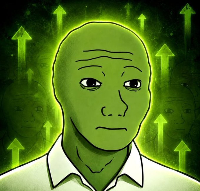 A green-tinted illustration of a bald, melancholic Wojak-style character surrounded by glowing upward-pointing arrows and faint shadowy faces in the background, symbolizing upward momentum and community growth. The image visually reinforces the post's promotion of the "$KET, $ANSEM & $JIMOTHY" airdrop, depicting the eager anticipation of holders awaiting the launch.