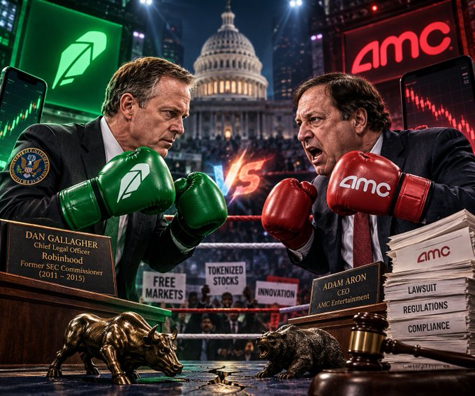A dramatic illustration depicts a boxing match between two figures in a ring, one wearing green Robinhood gloves and the other red AMC gloves, set against the U.S. Capitol building with bull and bear statues, signs reading 'FREE MARKETS' and 'TOKENIZED STOCKS', and nameplates for Dan Gallagher (Robinhood) and Adam Aron (AMC).