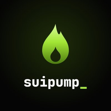 A dark logo features a green flame icon with a droplet cutout, accompanied by the text 'suipump_' below.