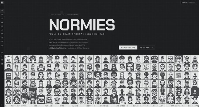 A screenshot of the 'NORMIES' NFT project website, described as a 'FULLY ON-CHAIN PROGRAMMABLE CANVAS' with 10,000 on-chain, interoperable pixel art faces, rendered by AI and written by Ethereum.