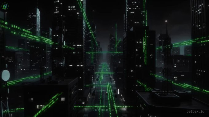 A stylized cyberpunk cityscape at night illuminated by green neon light streams, with 'beldex.io' in the corner.