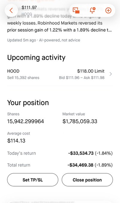 The image shows a Robinhood trading interface displaying the user's HOOD position: 15,942 shares at a $114.13 average cost, totaling a $1,785,059.33 market value with an upcoming sell order for 15,392 shares at an $118.00 limit, reflecting the poster's $1.8 million HOOD holding.