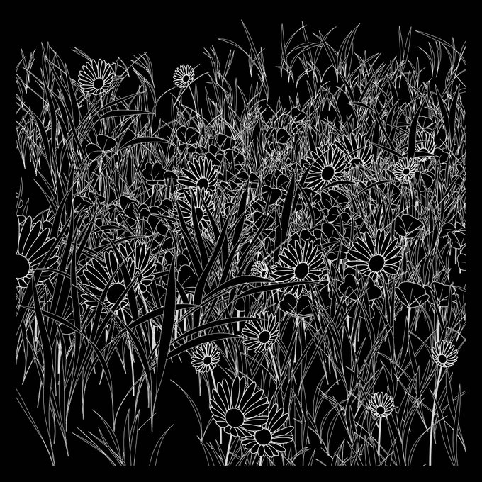 A black-and-white line art illustration depicts a dense field of daisy-like flowers and tall grasses rendered in fine white outlines against a solid black background.