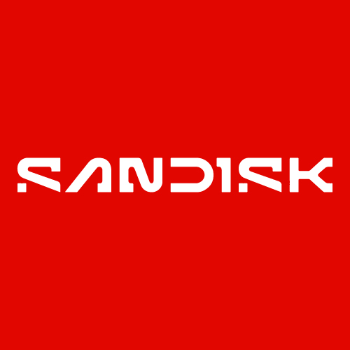 The image displays the SanDisk logo in white text on a red background, representing the company mentioned in the post about its upcoming addition to the S&P 100 and its token ($SNDK) being live on Solana via Sunrise.