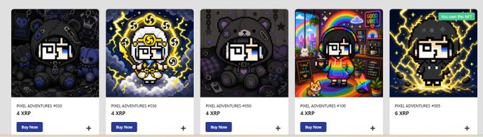 A screenshot of a storefront showing five Pixel Adventures NFTs for sale at various XRP prices (4, 4, 4, 4.9, and 6 XRP), each with a 'Buy Now' button.