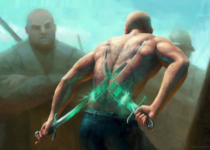 A fantasy illustration showing a muscular bald man from behind with a large tattoo on his back, holding two swords with glowing green light emanating from them.