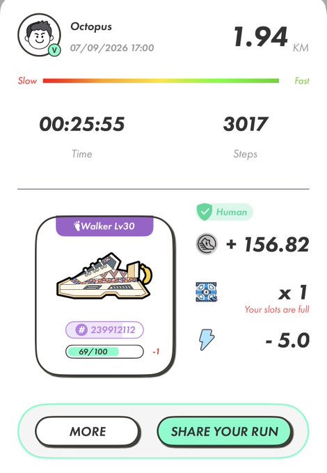 A fitness app summary screen displays a 1.94 KM run completed in 00:25:55 by user 'Octopus', featuring a 'Walker Lv30' NFT sneaker reward and options to 'MORE' or 'SHARE YOUR RUN'.