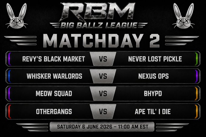 The image features a poster advertising an event called "Big Ballz League" that takes place on Saturday at 11 am EST. The poster includes details about the matchday, such as the teams participating (Revy's Black Market vs. Whisper Warriors vs. Meow Squad vs. BHYPD), and the prizes for winning the game. There are also some rabbits depicted in the image, adding a playful touch to the event promotion.