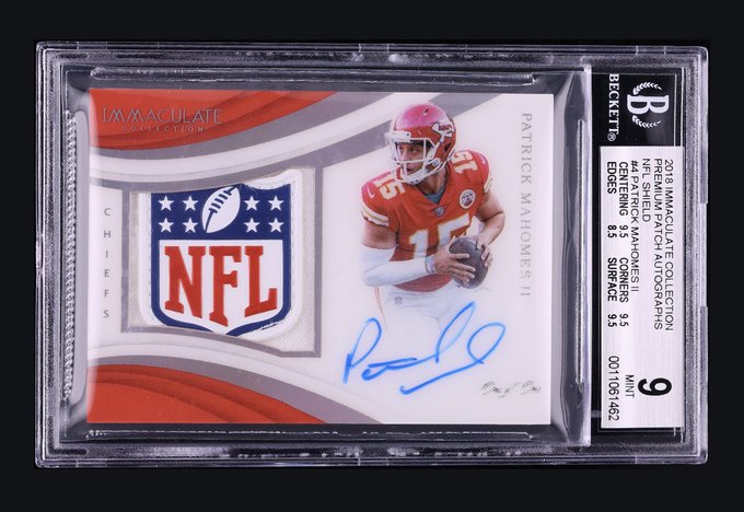 A Beckett-graded 9 Mint Immaculate Collection autographed rookie NFL shield card of Patrick Mahomes II, Kansas City Chiefs quarterback.