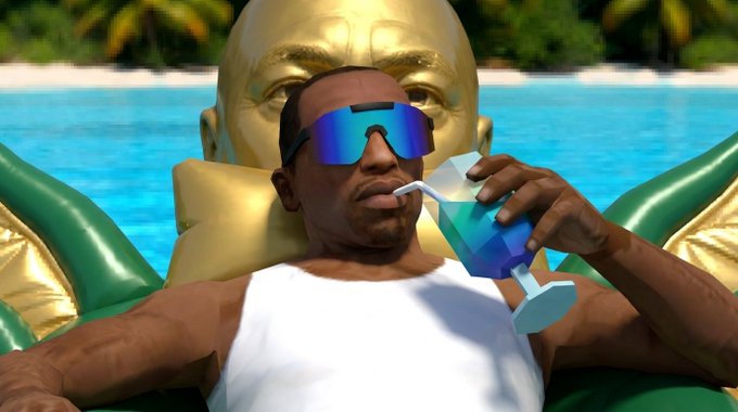 A stylized 3D animated man lounges on a gold inflatable throne by a pool, sipping a blue drink through a straw while wearing futuristic blue shades—embodying the carefree luxury vibe of "Solana summer."