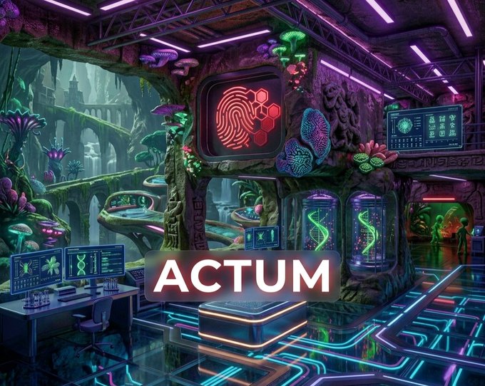 A vibrant, cyberpunk-meets-nature sci-fi illustration featuring a futuristic biolab with DNA helix tubes, glowing fungi, and computer monitors, overlaid with the word 'ACTUM' in bold red lettering.