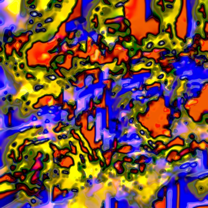 A vibrant abstract digital artwork featuring a chaotic swirl of bold colors—red, blue, yellow, green, and purple—with organic, amoeba-like shapes and bold black outlines that create a sense of energetic creativity. The piece visually embodies the spirit of "artists supporting artists," symbolizing how different artistic styles and vibrant voices can intertwine and complement one another.