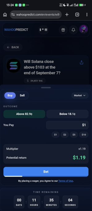 A mobile screenshot of the wahoopredict.com prediction market showing a wager on 'Will Solana close above $103 at the end of September 7?' with a potential return of $1.19 on a $1 bet.
