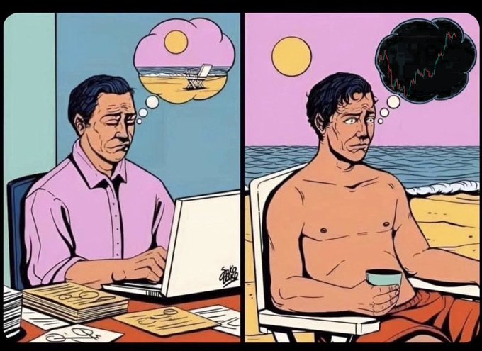 A two-panel illustration shows a man in a pink dress shirt working at a desk with stacks of cash and a laptop, daydreaming about a beach—while in the right panel, the same man is shirtless on the beach, but now his thoughts show a falling stock market chart, humorously contrasting his fantasy of a relaxing beach escape with the reality of financial worries still looming over his vacation.