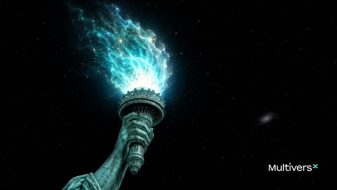 A weathered Statue of Liberty torch erupts with a brilliant cyan flame against a starry cosmos, with the "MultiversX" logo visible in the corner—visually igniting the post's message that "Every revolution begins with a spark" through the symbolic fusion of liberty and emerging digital firepower.