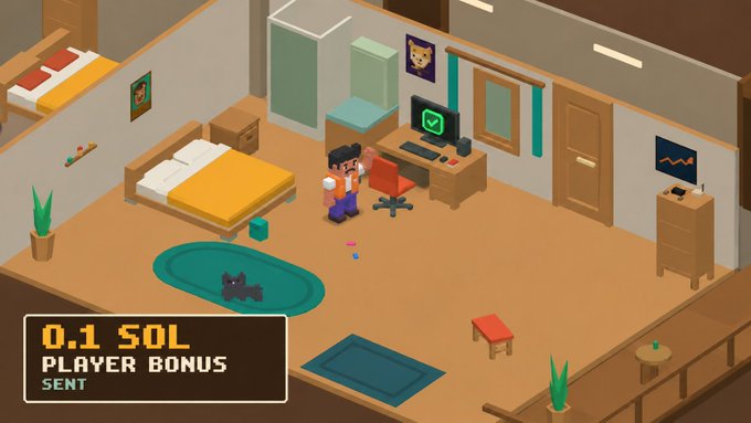 An isometric pixel art room interior featuring a bed, desk, and computer, with text reading '0.1 SOL PLAYER BONUS SENT' in the bottom left corner.