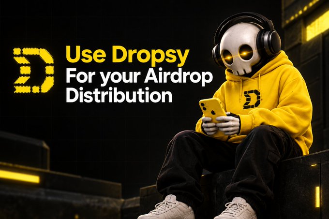 The image features a 3D-rendered skeleton character in a yellow hoodie and headphones, sitting on urban steps while looking at a smartphone, alongside a pixelated "D" logo and the text "Use Dropsy For your Airdrop Distribution." This visually promotes Dropsy Protocol's airdrop distribution service, which is referenced in the post as the method used by @Mushman47 to send $dropsy tokens via airdrop rather than a direct wallet transfer.
