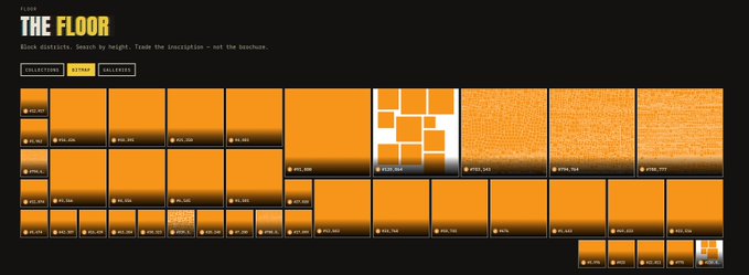 A dashboard titled 'THE FLOOR' displays a grid of orange blocks, each representing a blockchain inscription with details like block number, size, and price.