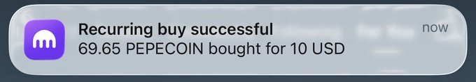 A mobile notification reading 'Recurring buy successful: 69.65 PEPECOIN bought for 10 USD' from the Kraken app.