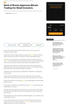A webpage screenshot from Bitcoin Magazine featuring the headline "Bank of Russia Approves Bitcoin Trading For Retail Investors" alongside a "Bitcoin Ticker" widget showing BTC-USD at $90,800. The article discusses the Russian Central Bank's approval of limited bitcoin trading arrangements for certain qualified retail investors, with restrictions on eligibility and product access rather than fully unrestricted spot trading.