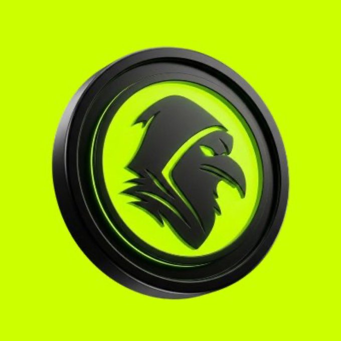 A circular 3D emblem with a glowing neon green background, displaying a black stylized raven or plague doctor head silhouette, surrounded by a black ring.