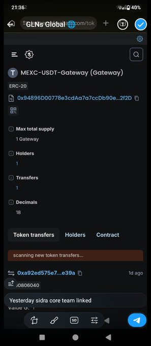 A mobile screenshot showing a token tracker page for "MEXC-USDT-Gateway (Gateway)" with token ID "0x94896D00778e3cdAd7a7ccDb90e...2i2D" on ERC-20, noting "Yesterday sidra core team linked." The image relates to the SidraChain update by visualizing the MEXC exchange gateway contract being tracked as part of the bridge infrastructure enabling USDX to USDT conversion.