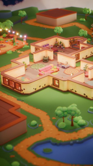 A 3D rendering of a cartoon house features a pink sofa, green plants, and a blue pond with trees, set against a backdrop of houses and trees.