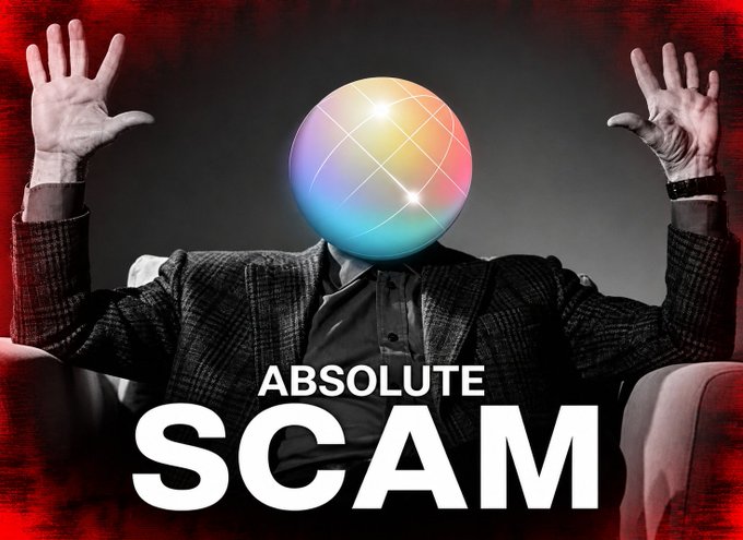 A person in a dark suit sits with hands raised in a defensive gesture, their face obscured by a colorful disco ball, with bold white text reading "ABSOLUTE SCAM" against a dark red background.