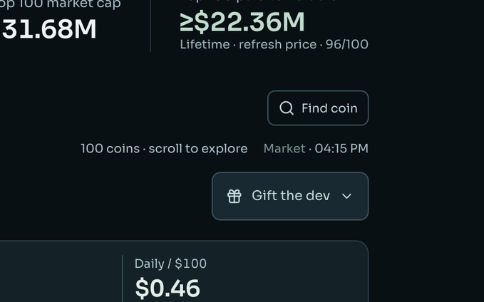 A dark-themed dashboard shows market stats (≥$22.36M lifetime refresh price, $0.46 daily) alongside a "Gift the dev" button, which the developer cheekily highlights in their post as a no-strings-attached option where donors receive absolutely nothing in return—no exposure, no preferential treatment, nothing.