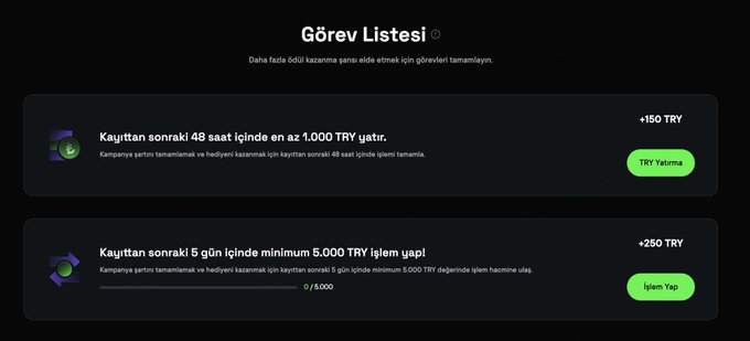 The image shows a Turkish task list ("Görev Listesi") from CoinTR displaying two missions: deposit at least 1,000 TRY within 48 hours of registration to earn +150 TRY, and complete a minimum 5,000 TRY trading volume within 5 days to earn +250 TRY, with both tasks showing "TRY Yatırma" and "İşlem Yap" action buttons, illustrating the promotional campaign mentioned in the post that rewards new users with bonuses for meeting deposit and trading volume requirements.