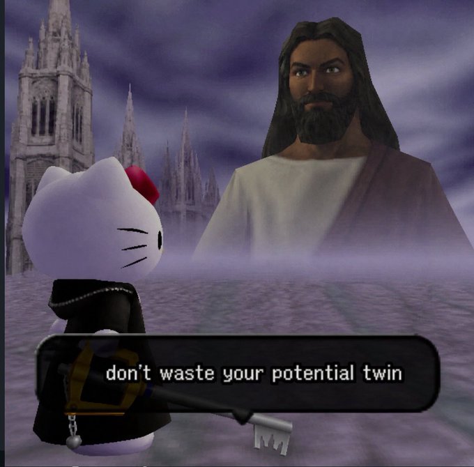 Meme image combining Hello Kitty (holding a key) with a depiction of Jesus, featuring the text 'don't waste your potential twin' against a cloudy, gothic cathedral backdrop.