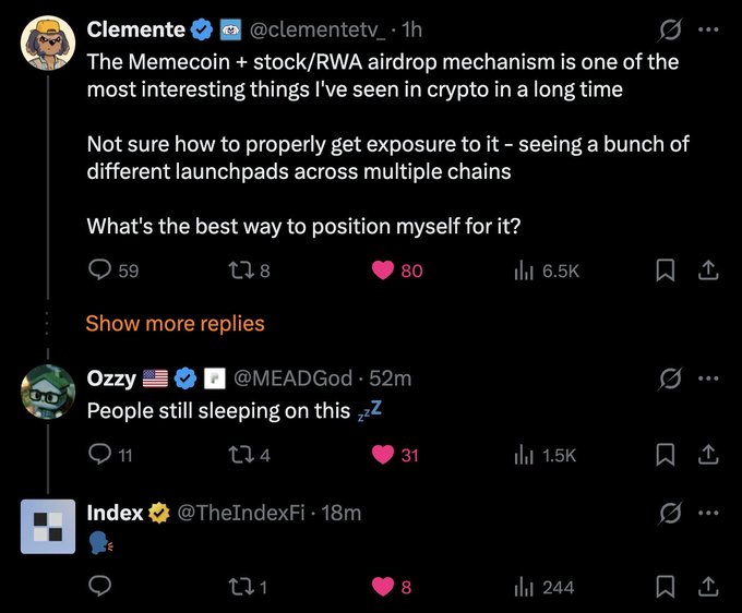 A Twitter/X thread screenshot where user @clementetv discusses the 'Memecoin + stock/RWA airdrop mechanism,' with replies from @MEADGod saying 'People still sleeping on this' and @TheIndexFi responding.