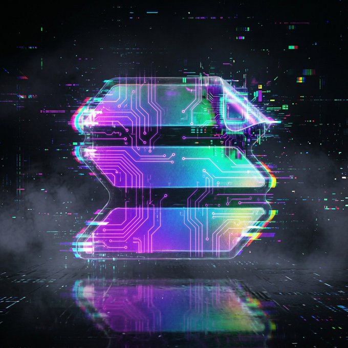 A digital graphic featuring a large, glowing letter 'S' rendered with iridescent rainbow colors and circuit board patterns, set against a dark background with glitch effects and smoke.
