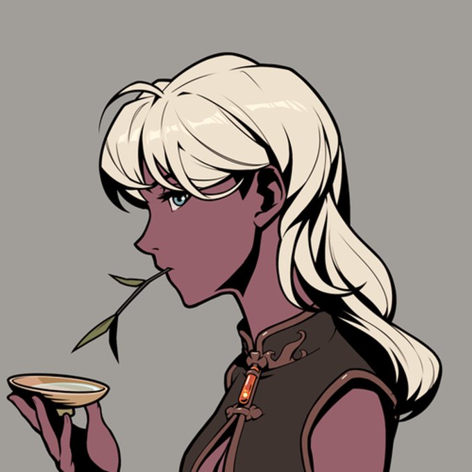 A stylized illustration of a purple-skinned character with long white hair holding a small cup and a leaf, wearing a black top with red accents.