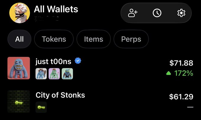 A screenshot of a crypto wallet interface showing 'All Wallets' with tabs for All, Tokens, Items, and Perps, listing 'just t00ns' at $71.88 (+172%) and 'City of Stonks' at $61.29.
